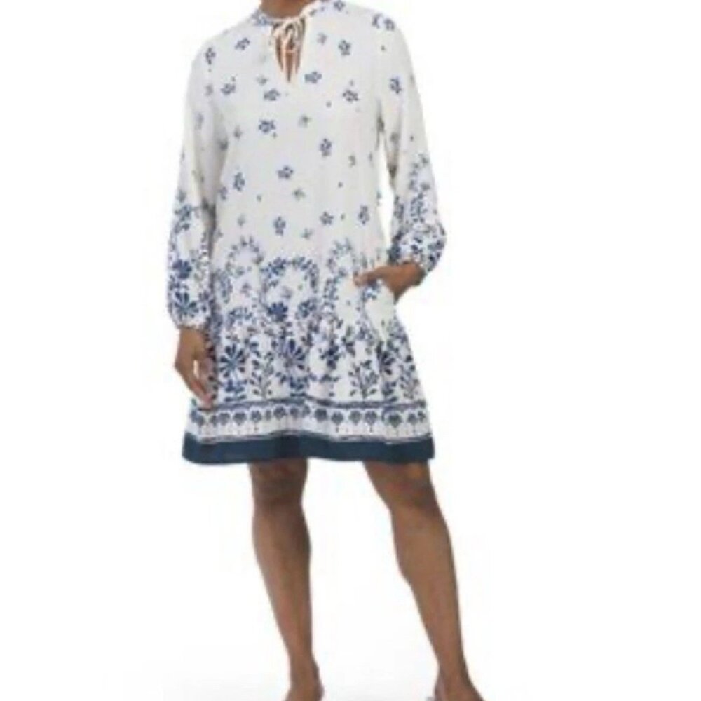 RACHEL ZOE White and Blue Floral Long Sleeve Babydoll Mini Dress Sz S